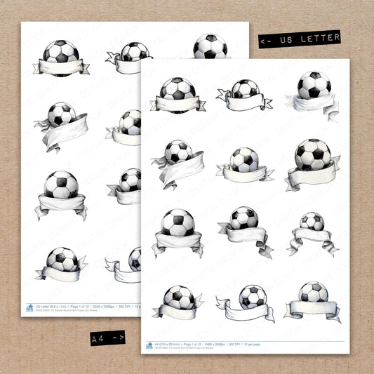 A4 and US Letter format comparison showing Soccer Banner Ball fussy cut pages for print and cut crafting