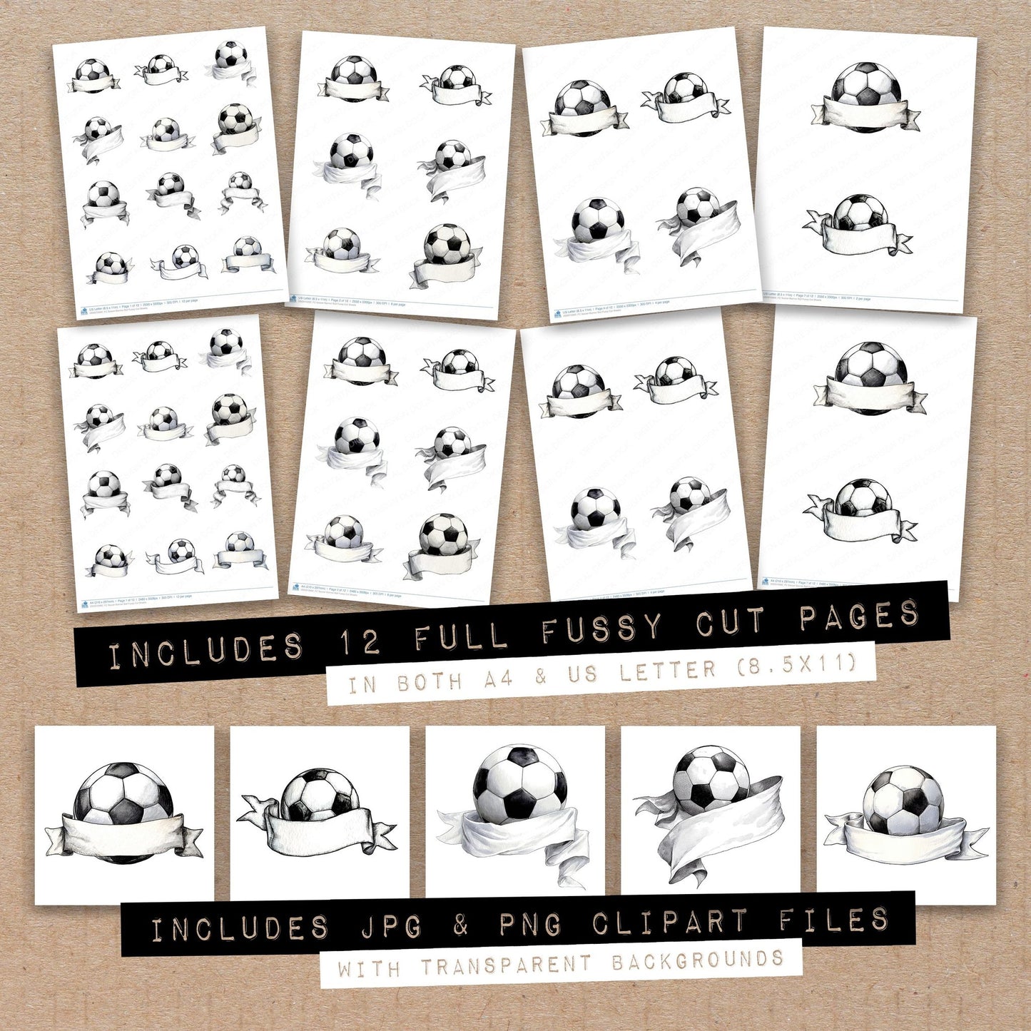 Full collection view of Soccer Banner Ball fussy cut sheets with bonus clipart JPG and PNG files