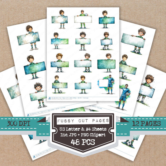 Soccer Player Banner fussy cut printable sheets for junk journaling, scrapbooking, and paper craft projects
