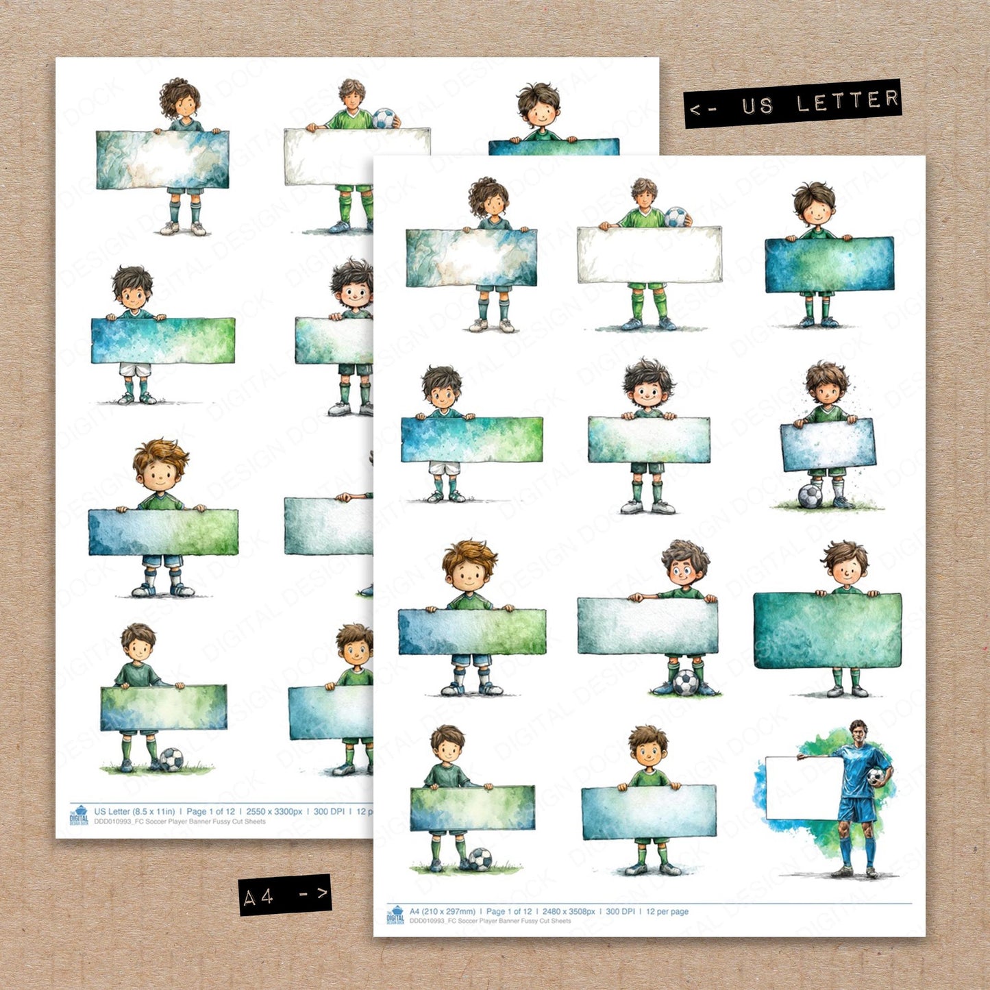 A4 and US Letter format comparison showing Soccer Player Banner fussy cut pages for print and cut crafting