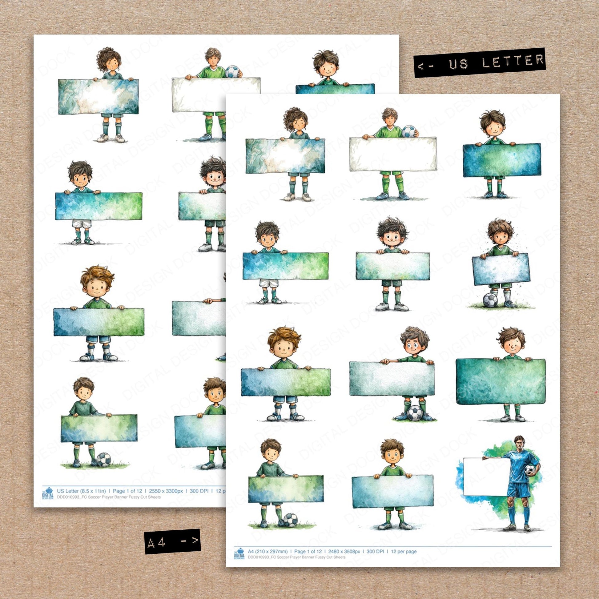 A4 and US Letter format comparison showing Soccer Player Banner fussy cut pages for print and cut crafting