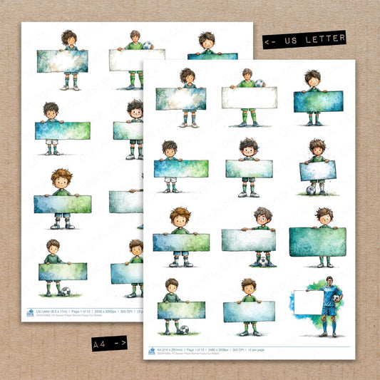 A4 and US Letter format comparison showing Soccer Player Banner fussy cut pages for print and cut crafting