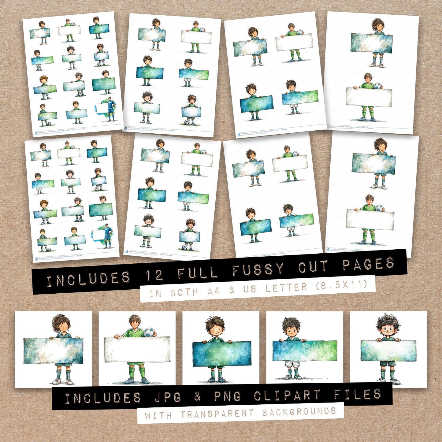 Full collection view of Soccer Player Banner fussy cut sheets with bonus clipart JPG and PNG files