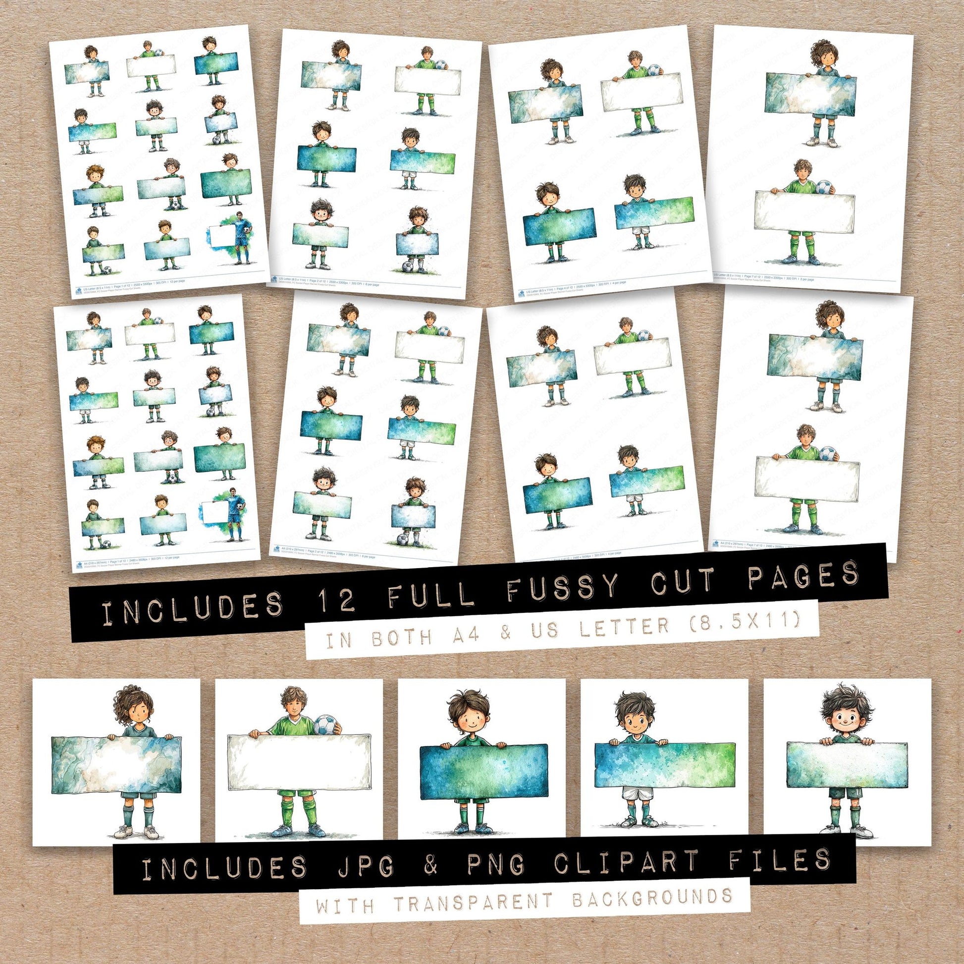 Full collection view of Soccer Player Banner fussy cut sheets with bonus clipart JPG and PNG files