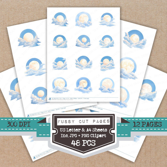 Soft Glowing Full Moon fussy cut printable sheets for junk journaling, scrapbooking, and paper craft projects