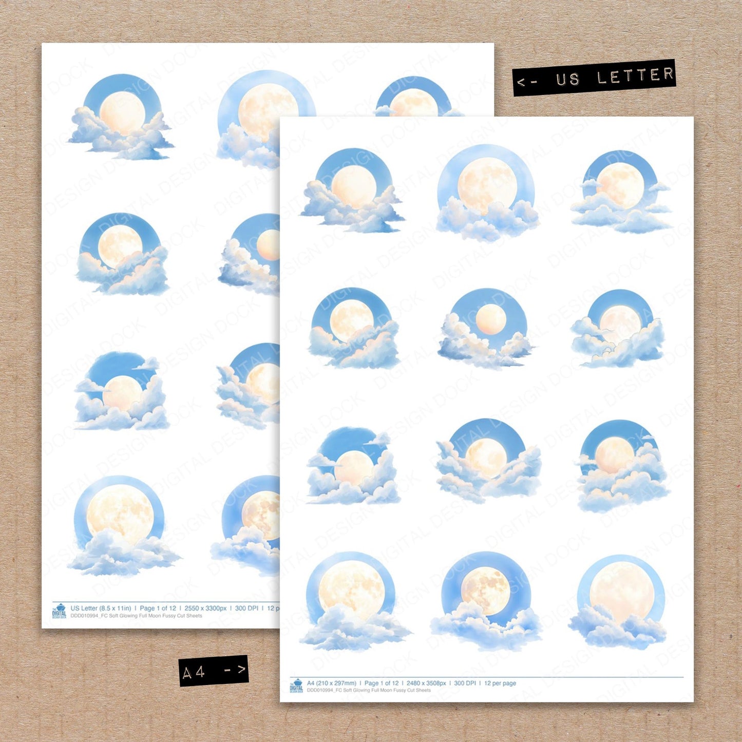 A4 and US Letter format comparison showing Soft Glowing Full Moon fussy cut pages for print and cut crafting