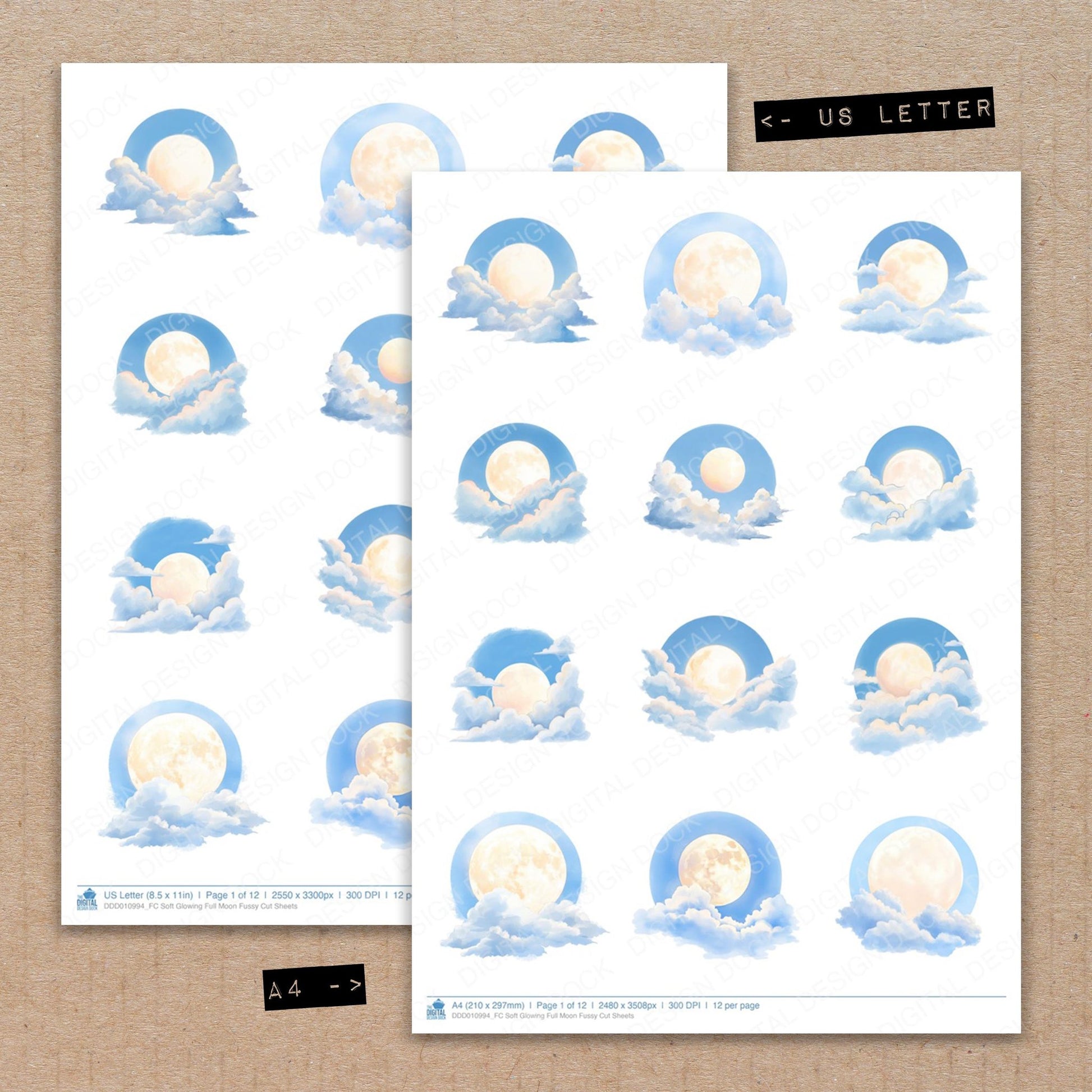 A4 and US Letter format comparison showing Soft Glowing Full Moon fussy cut pages for print and cut crafting