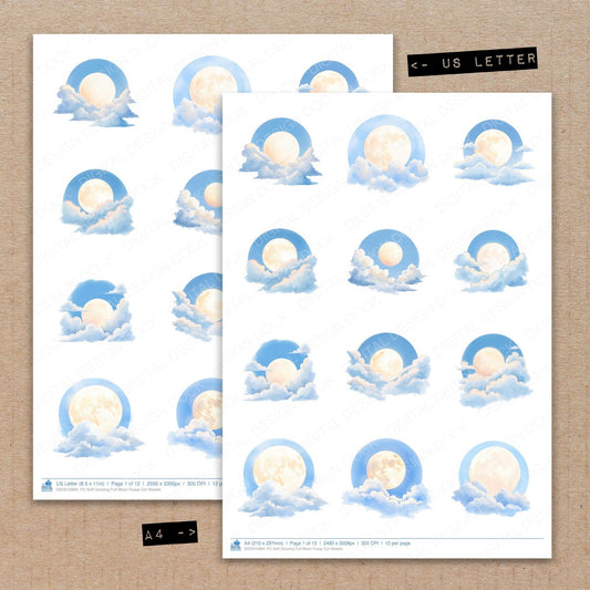 A4 and US Letter format comparison showing Soft Glowing Full Moon fussy cut pages for print and cut crafting