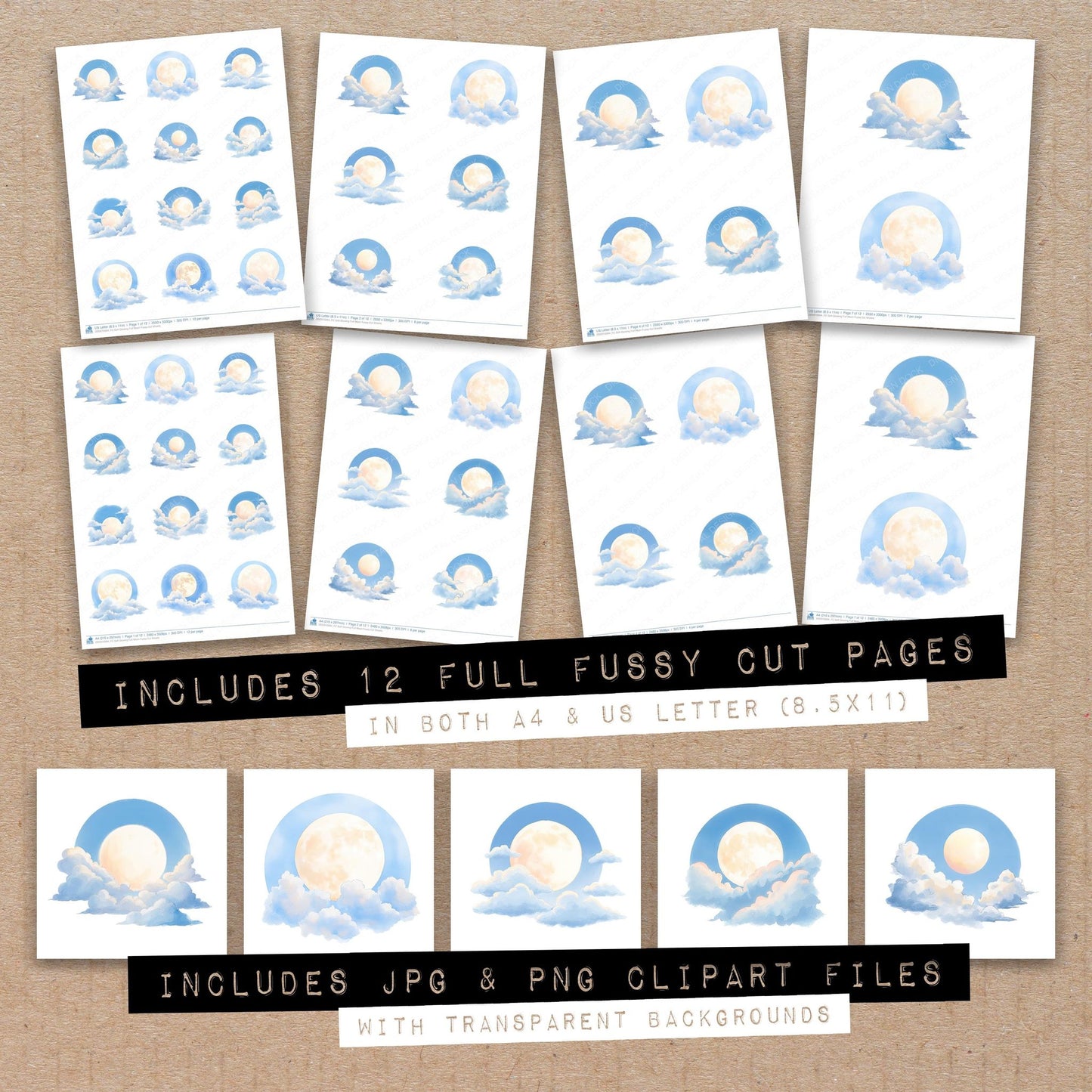 Full collection view of Soft Glowing Full Moon fussy cut sheets with bonus clipart JPG and PNG files