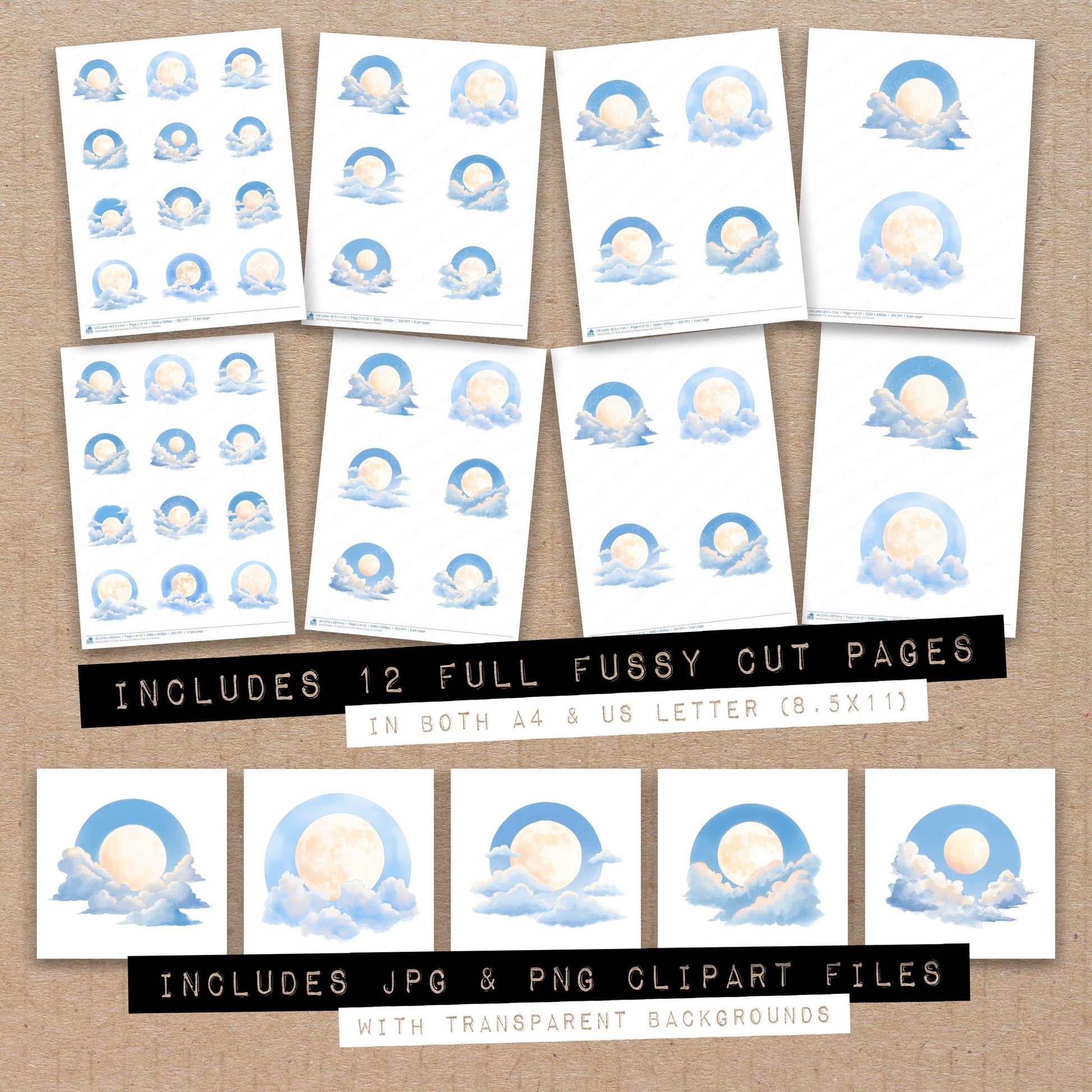 Full collection view of Soft Glowing Full Moon fussy cut sheets with bonus clipart JPG and PNG files