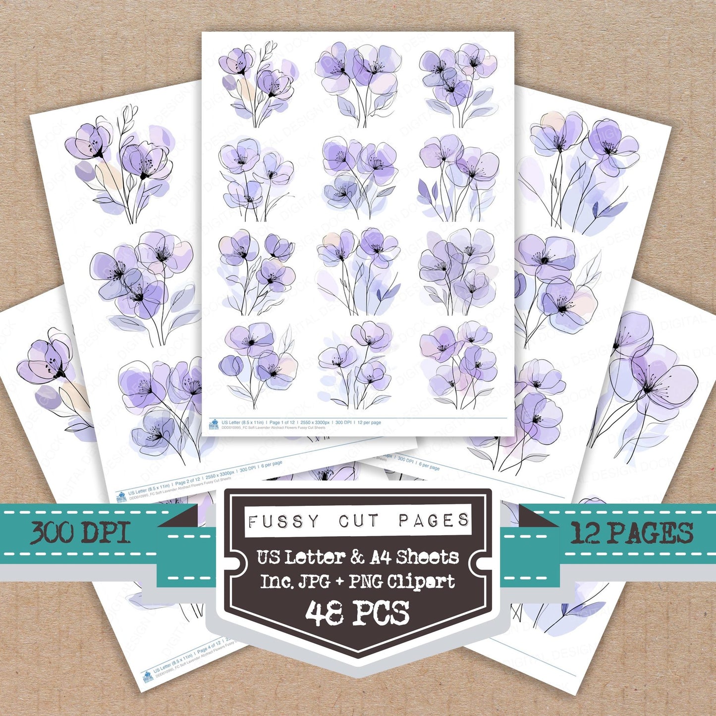 Soft Lavender Abstract Flowers fussy cut printable sheets for junk journaling, scrapbooking, and paper craft projects