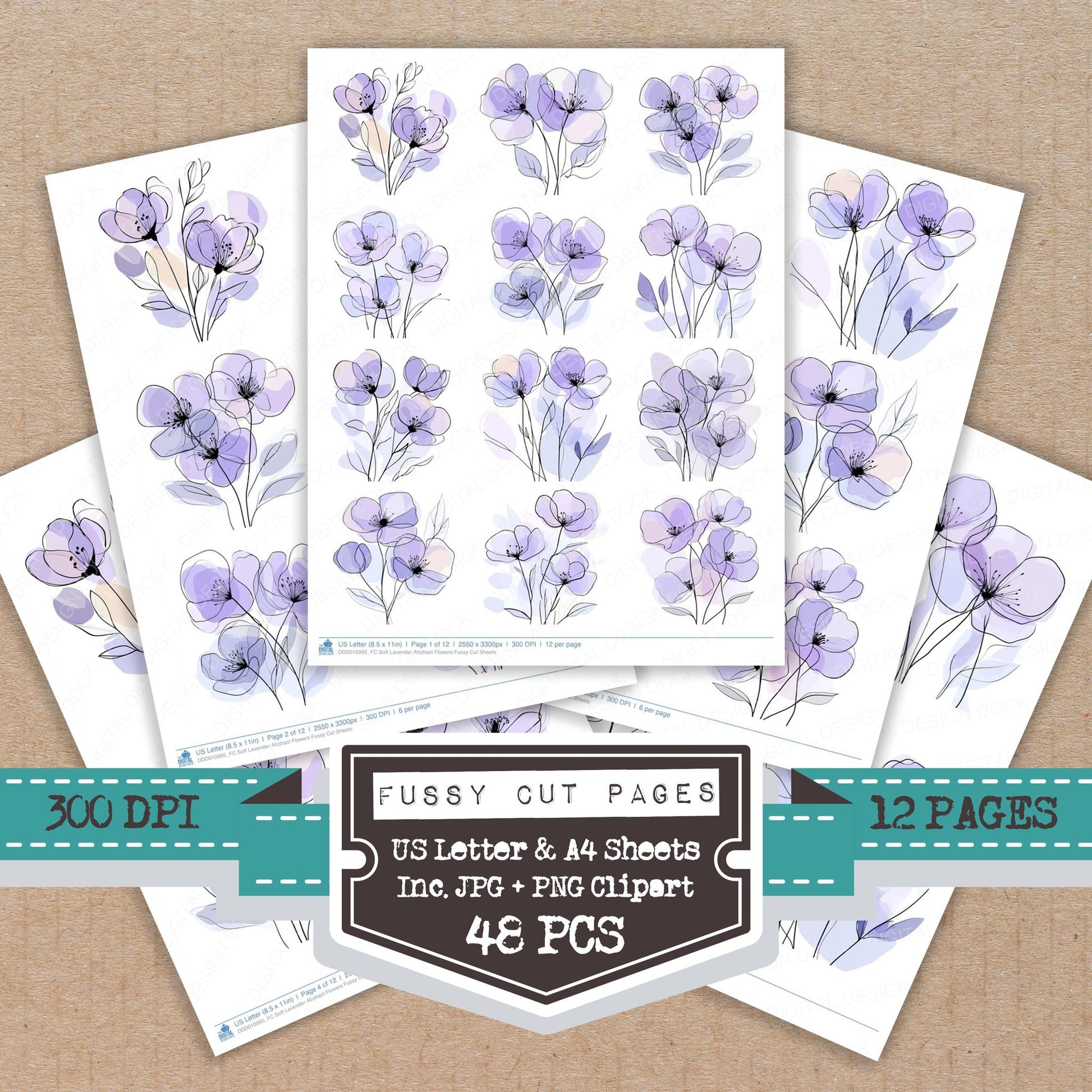 Soft Lavender Abstract Flowers fussy cut printable sheets for junk journaling, scrapbooking, and paper craft projects