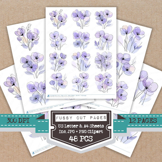 Soft Lavender Abstract Flowers fussy cut printable sheets for junk journaling, scrapbooking, and paper craft projects