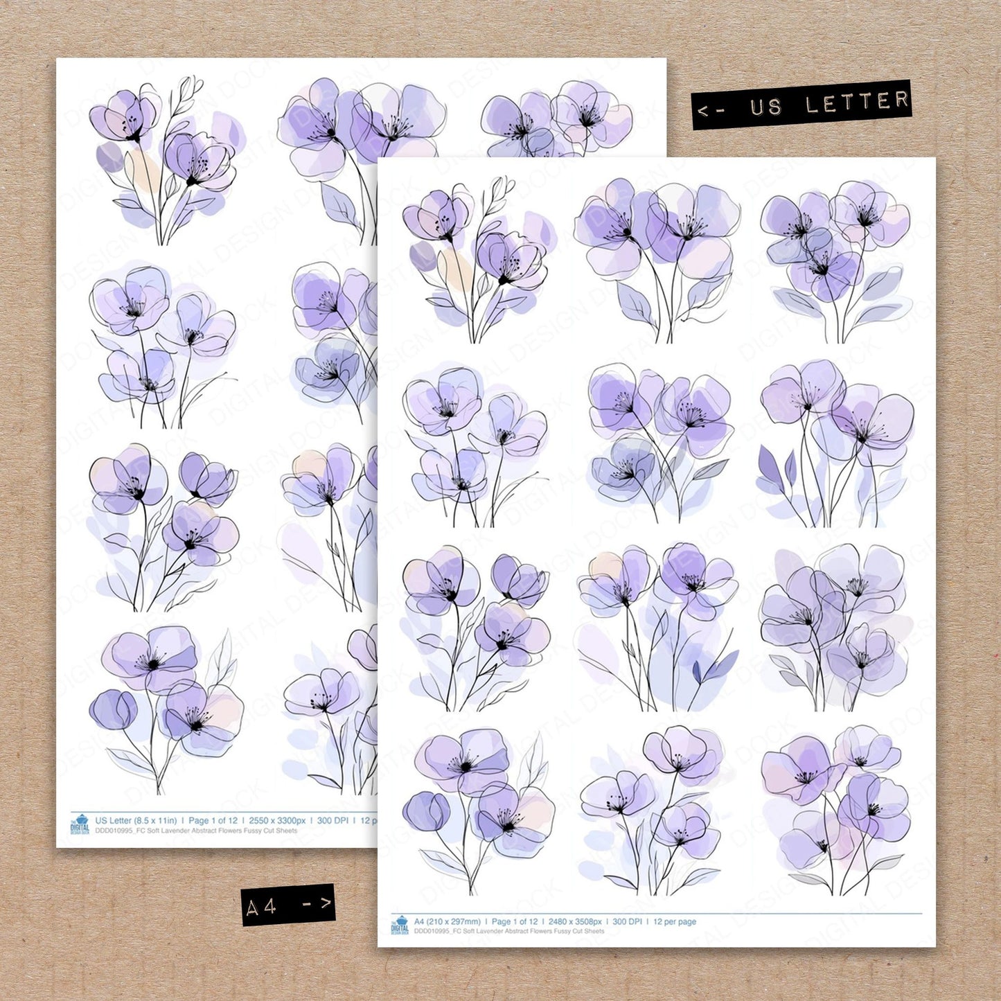 A4 and US Letter format comparison showing Soft Lavender Abstract Flowers fussy cut pages for print and cut crafting