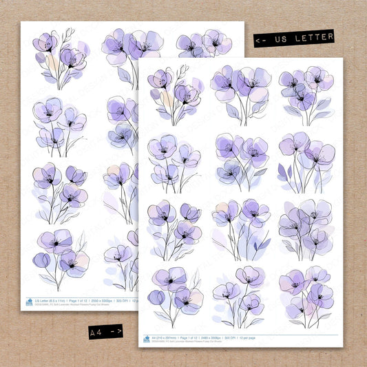 A4 and US Letter format comparison showing Soft Lavender Abstract Flowers fussy cut pages for print and cut crafting