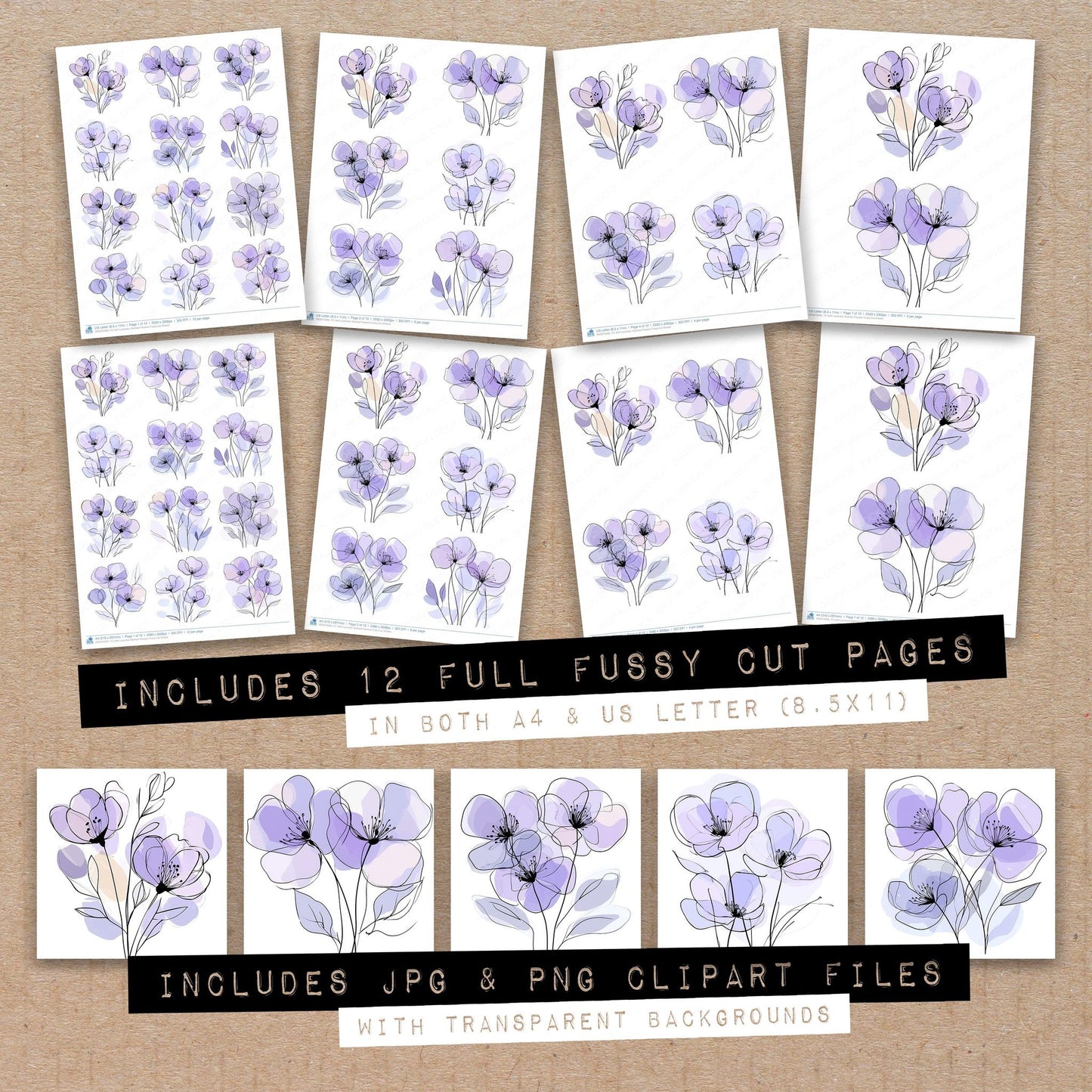 Full collection view of Soft Lavender Abstract Flowers fussy cut sheets with bonus clipart JPG and PNG files