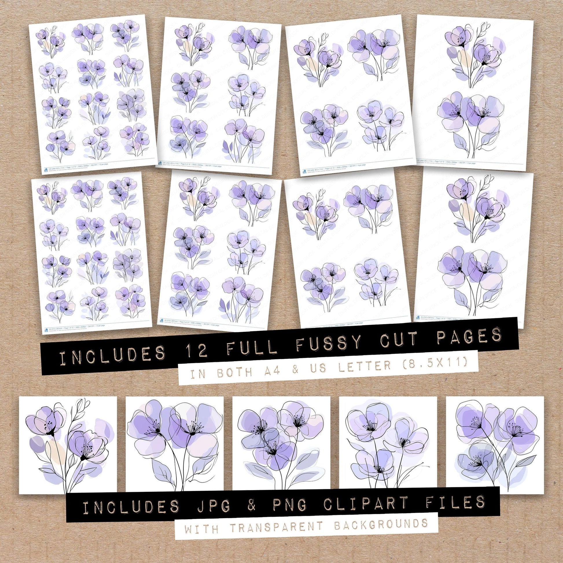 Full collection view of Soft Lavender Abstract Flowers fussy cut sheets with bonus clipart JPG and PNG files