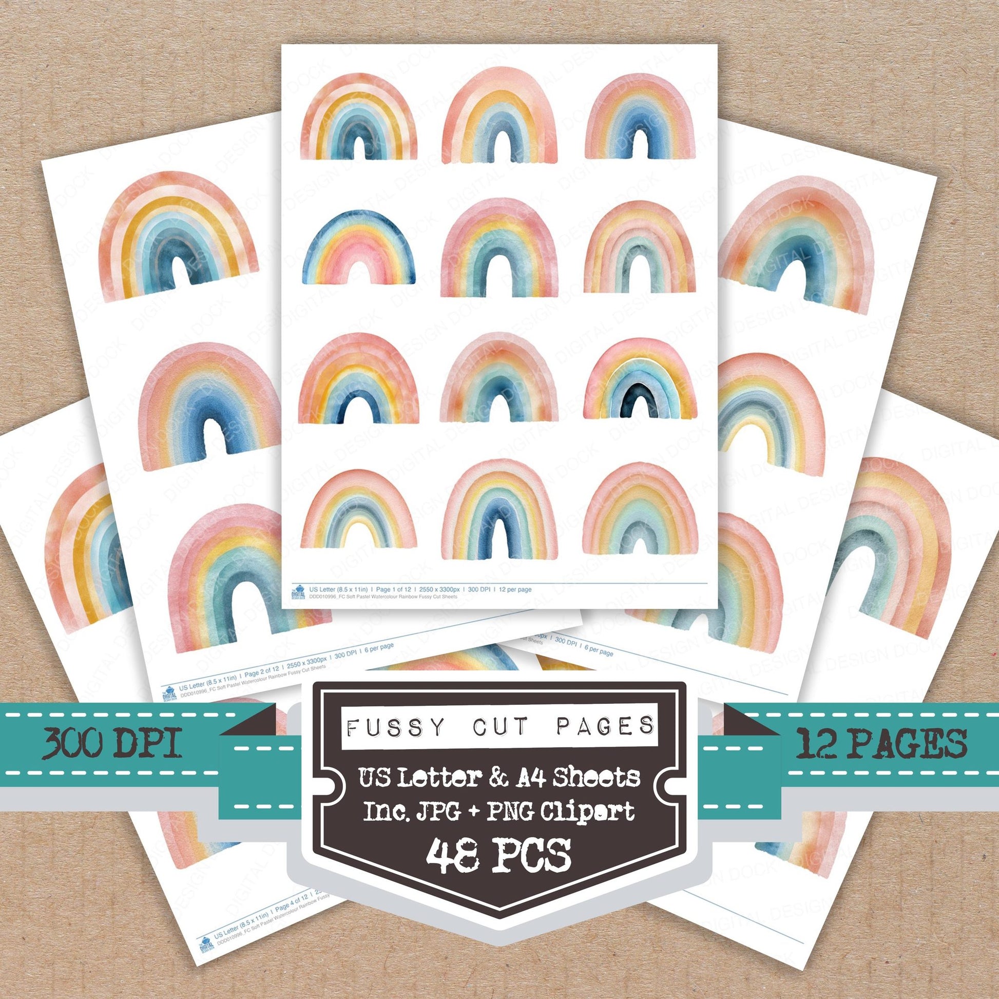 Soft Pastel Watercolour Rainbow fussy cut printable sheets for junk journaling, scrapbooking, and paper craft projects