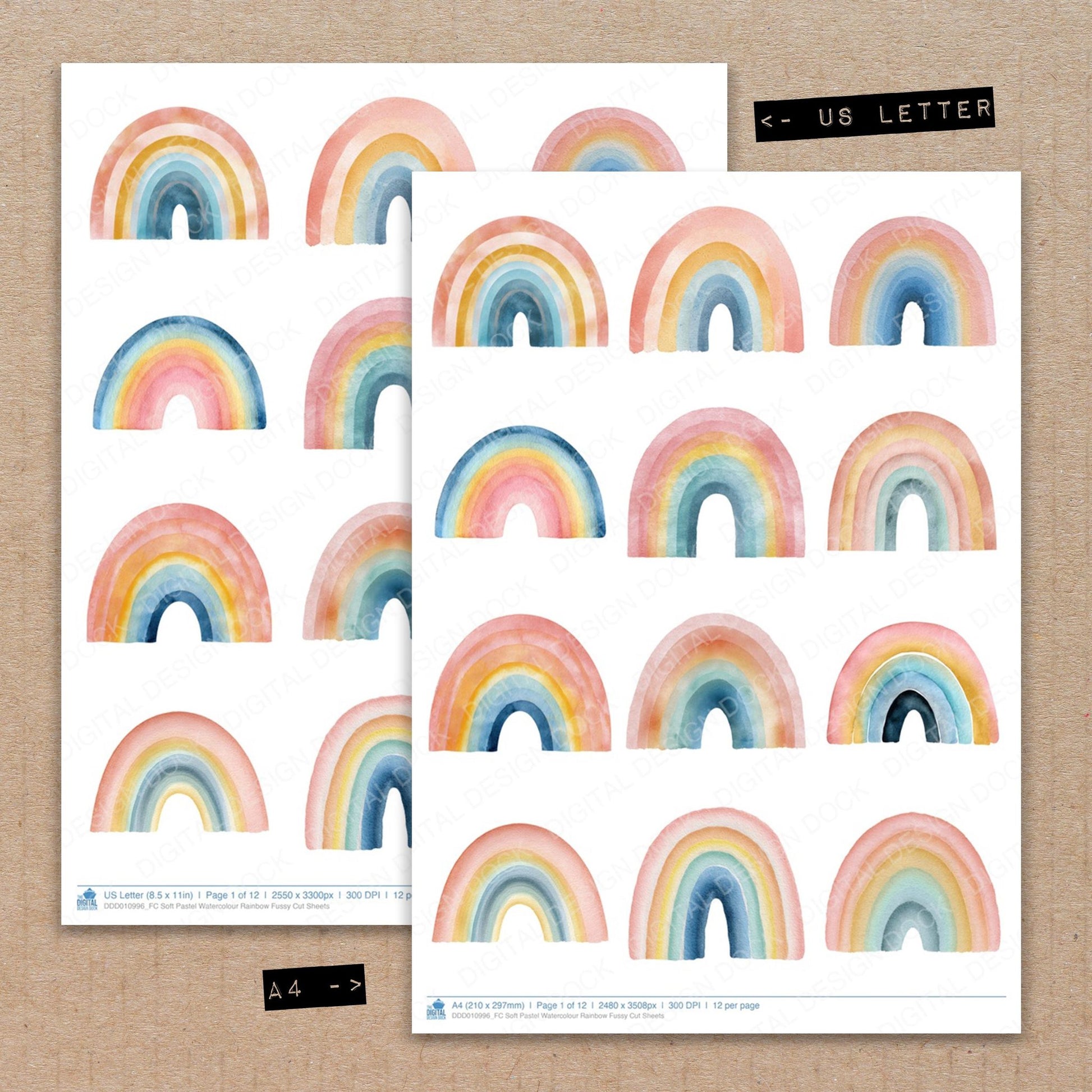 A4 and US Letter format comparison showing Soft Pastel Watercolour Rainbow fussy cut pages for print and cut crafting