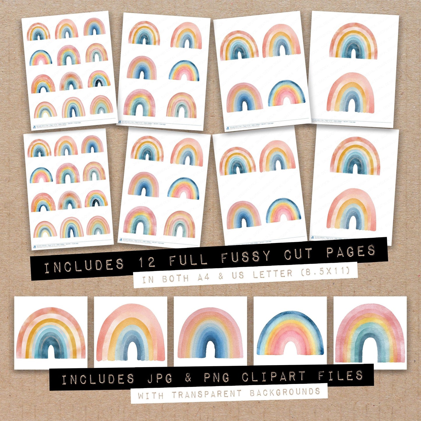 Full collection view of Soft Pastel Watercolour Rainbow fussy cut sheets with bonus clipart JPG and PNG files