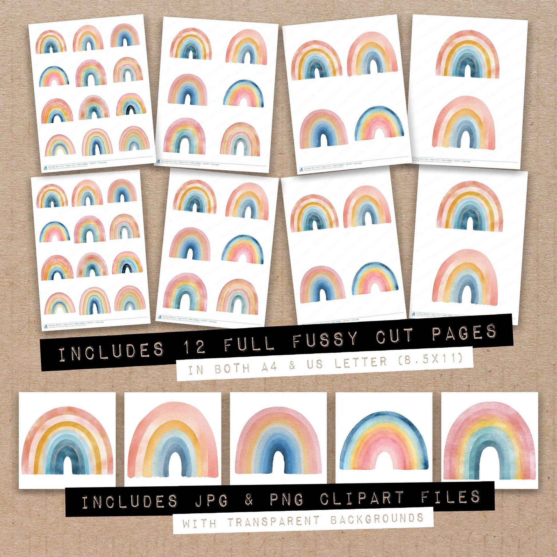 Full collection view of Soft Pastel Watercolour Rainbow fussy cut sheets with bonus clipart JPG and PNG files