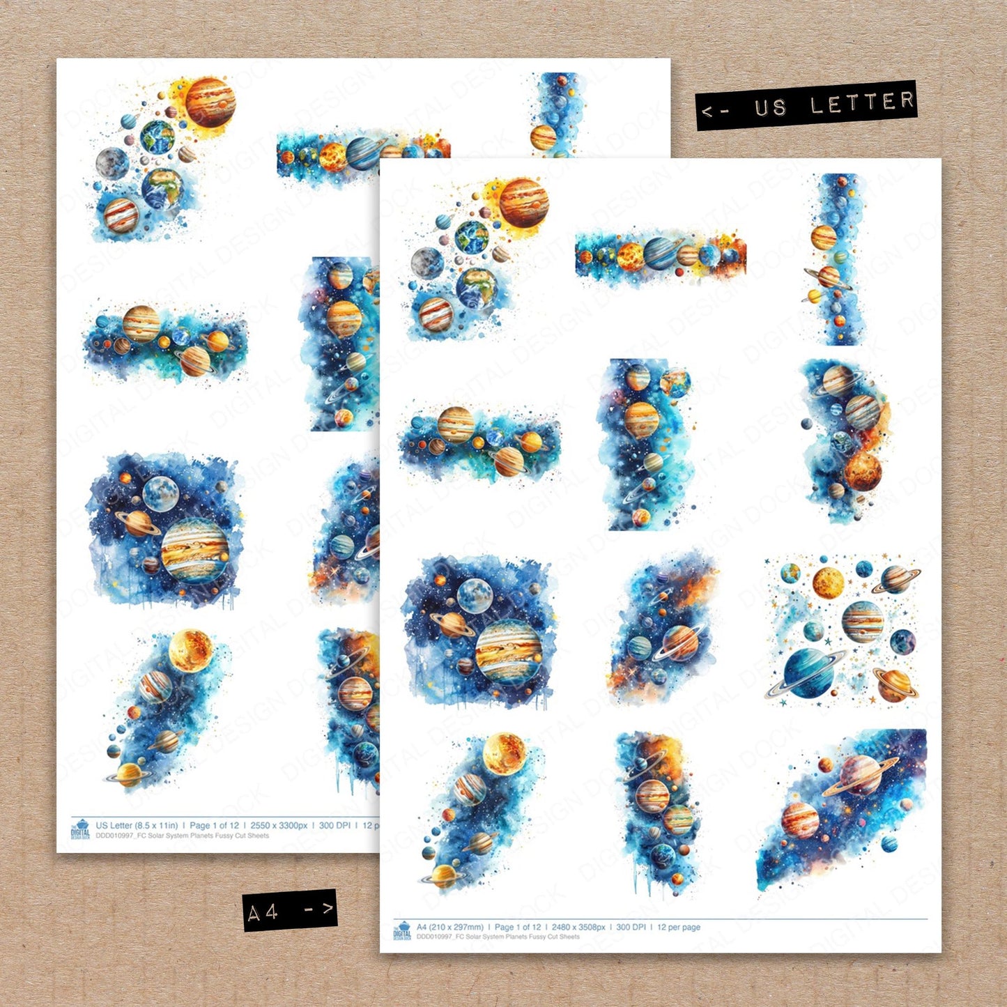 A4 and US Letter format comparison showing Solar System Planets fussy cut pages for print and cut crafting