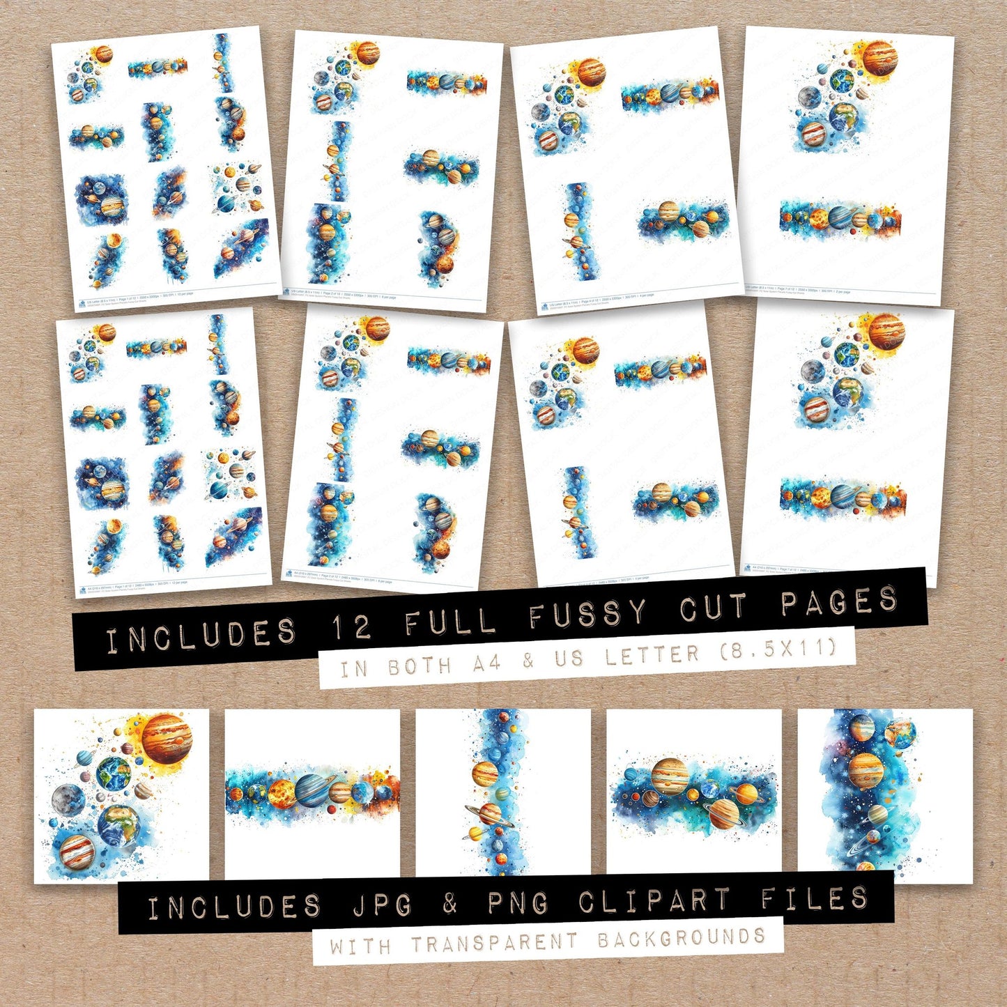 Full collection view of Solar System Planets fussy cut sheets with bonus clipart JPG and PNG files