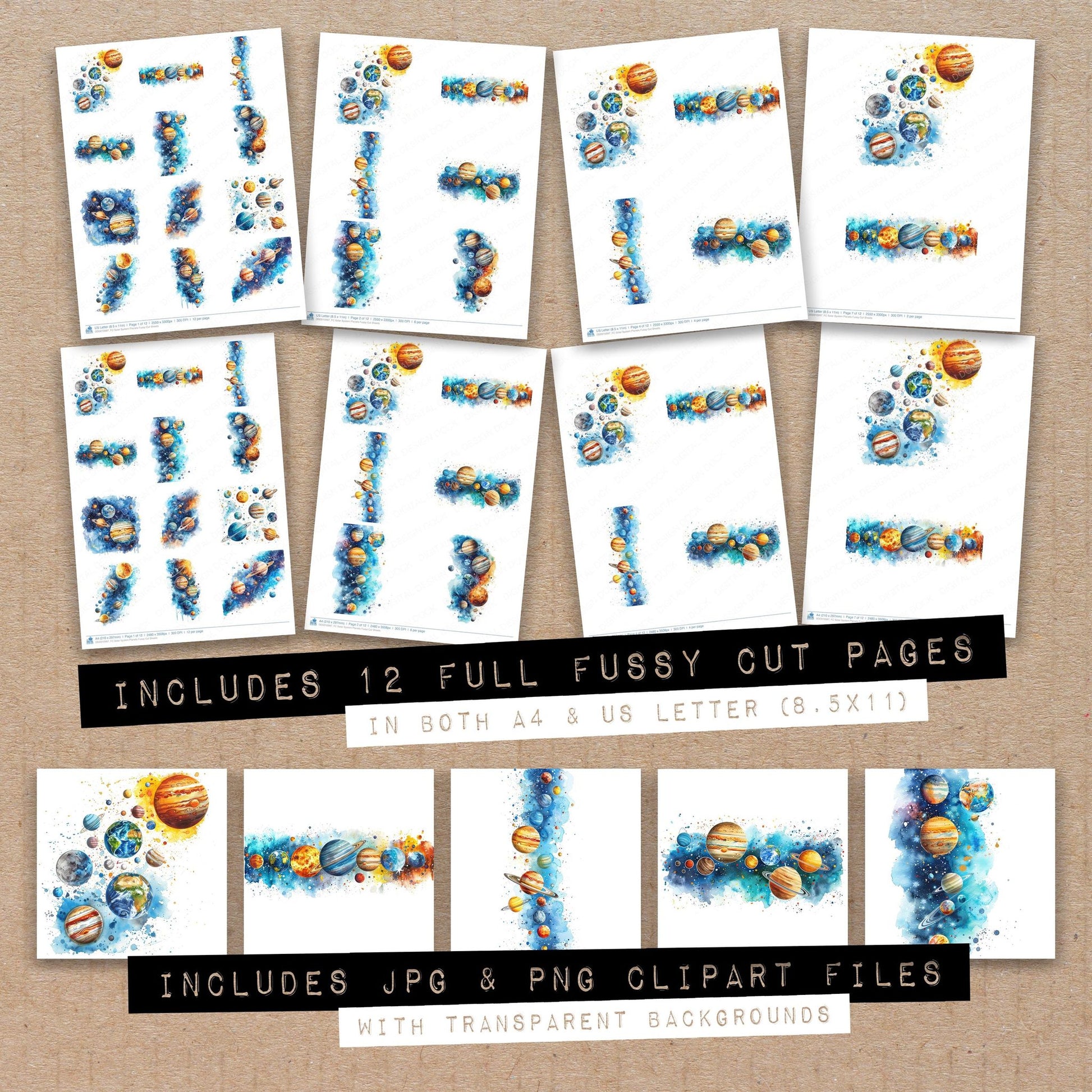 Full collection view of Solar System Planets fussy cut sheets with bonus clipart JPG and PNG files