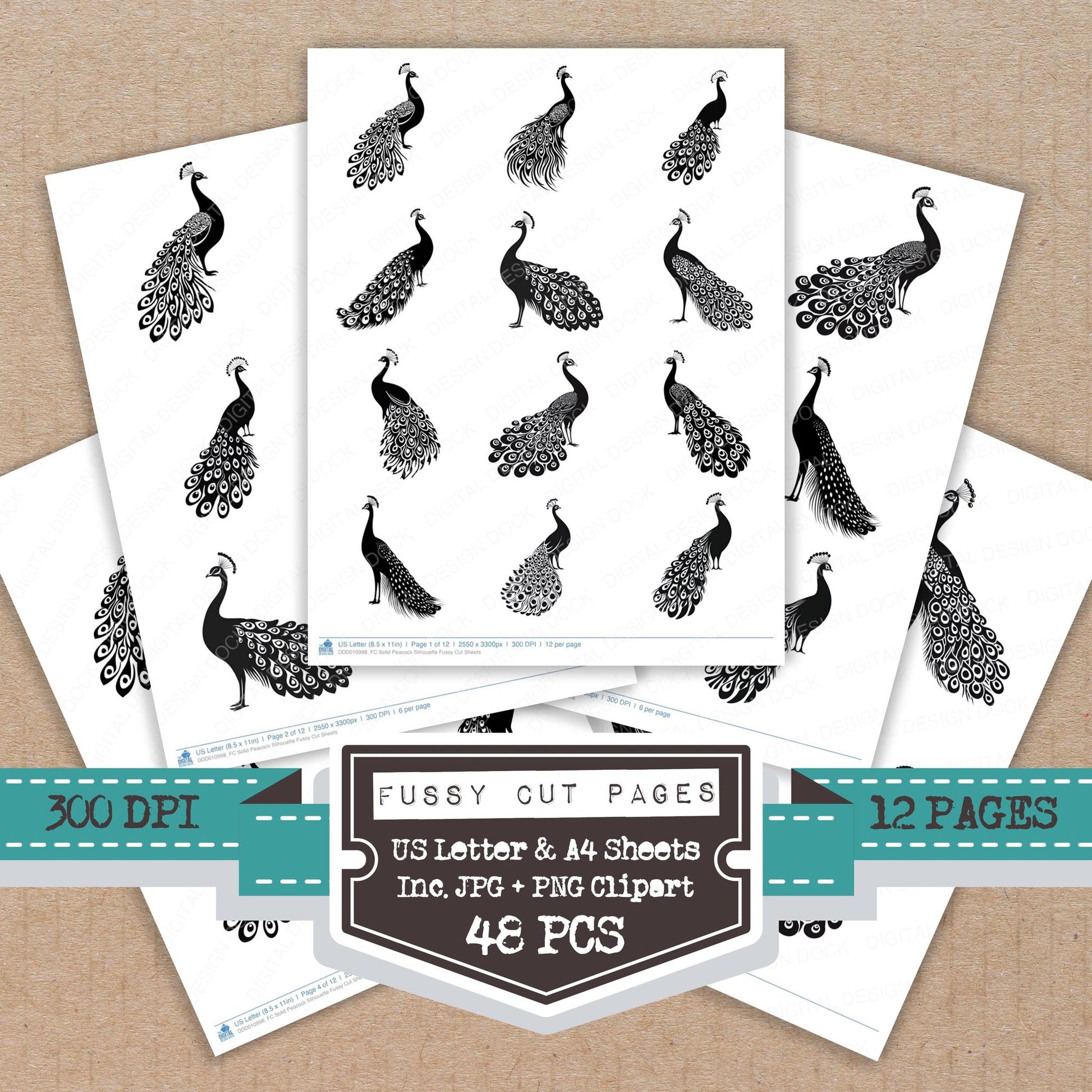Solid Peacock Silhouette fussy cut printable sheets for junk journaling, scrapbooking, and paper craft projects