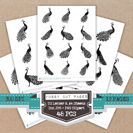 Solid Peacock Silhouette fussy cut printable sheets for junk journaling, scrapbooking, and paper craft projects