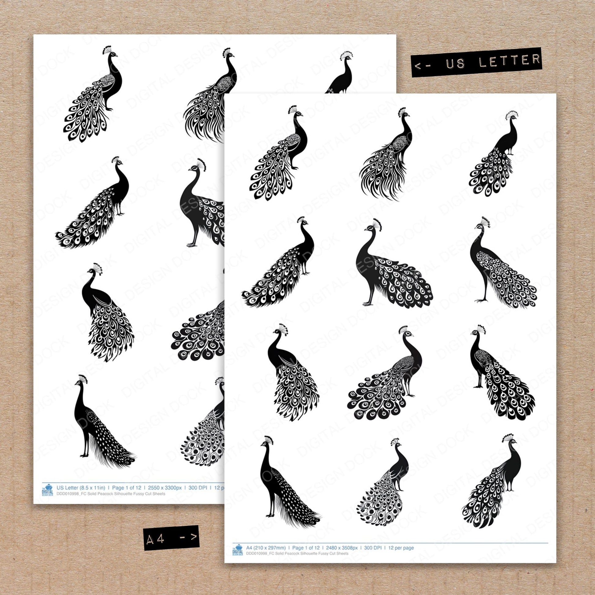 A4 and US Letter format comparison showing Solid Peacock Silhouette fussy cut pages for print and cut crafting
