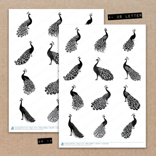 A4 and US Letter format comparison showing Solid Peacock Silhouette fussy cut pages for print and cut crafting