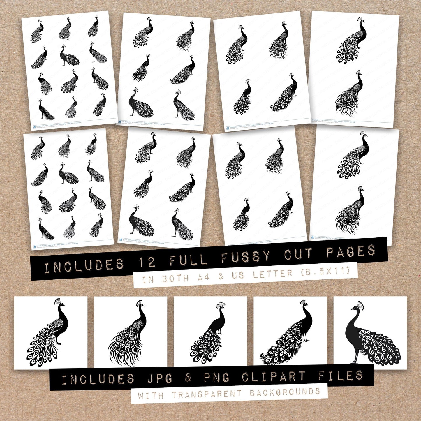 Full collection view of Solid Peacock Silhouette fussy cut sheets with bonus clipart JPG and PNG files