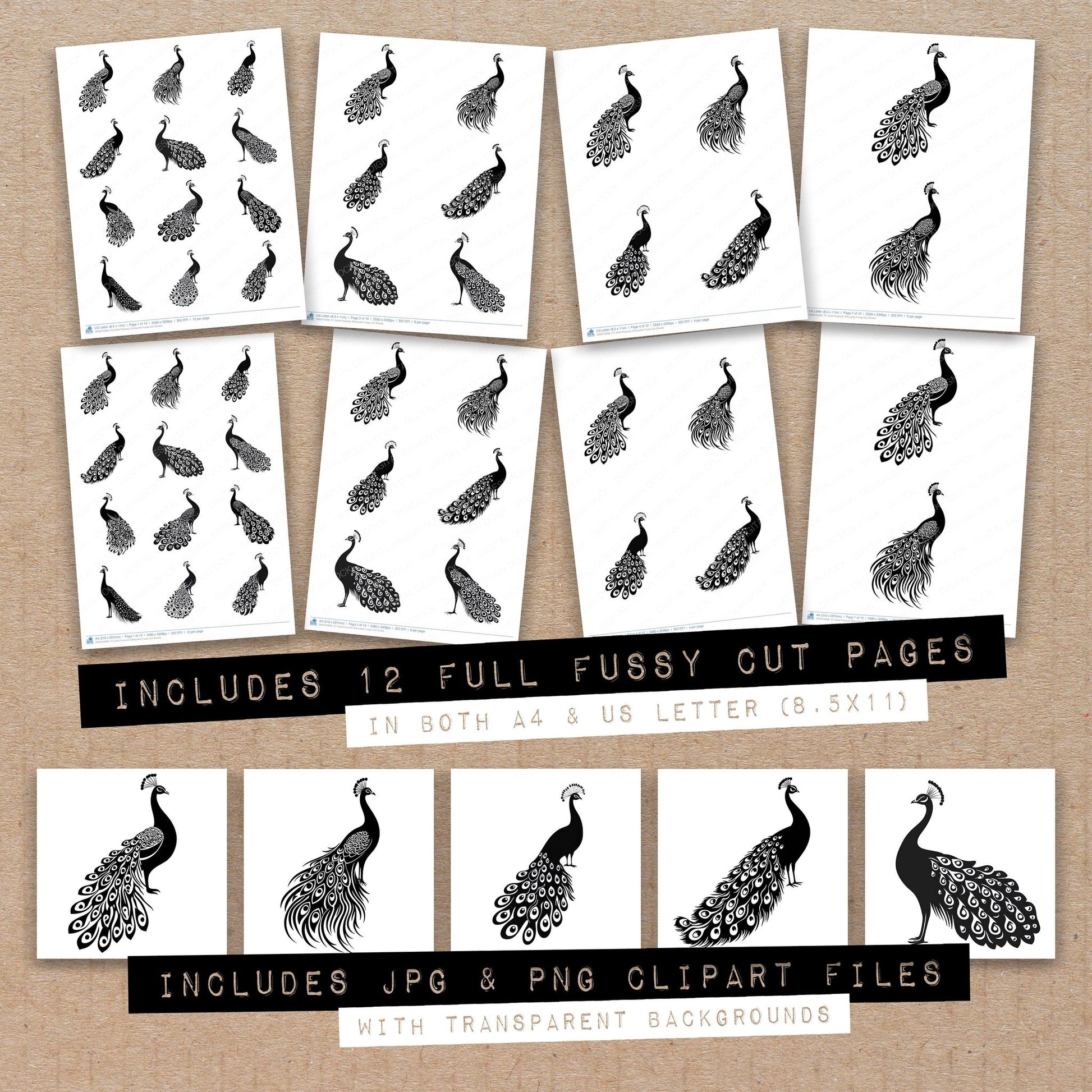 Full collection view of Solid Peacock Silhouette fussy cut sheets with bonus clipart JPG and PNG files
