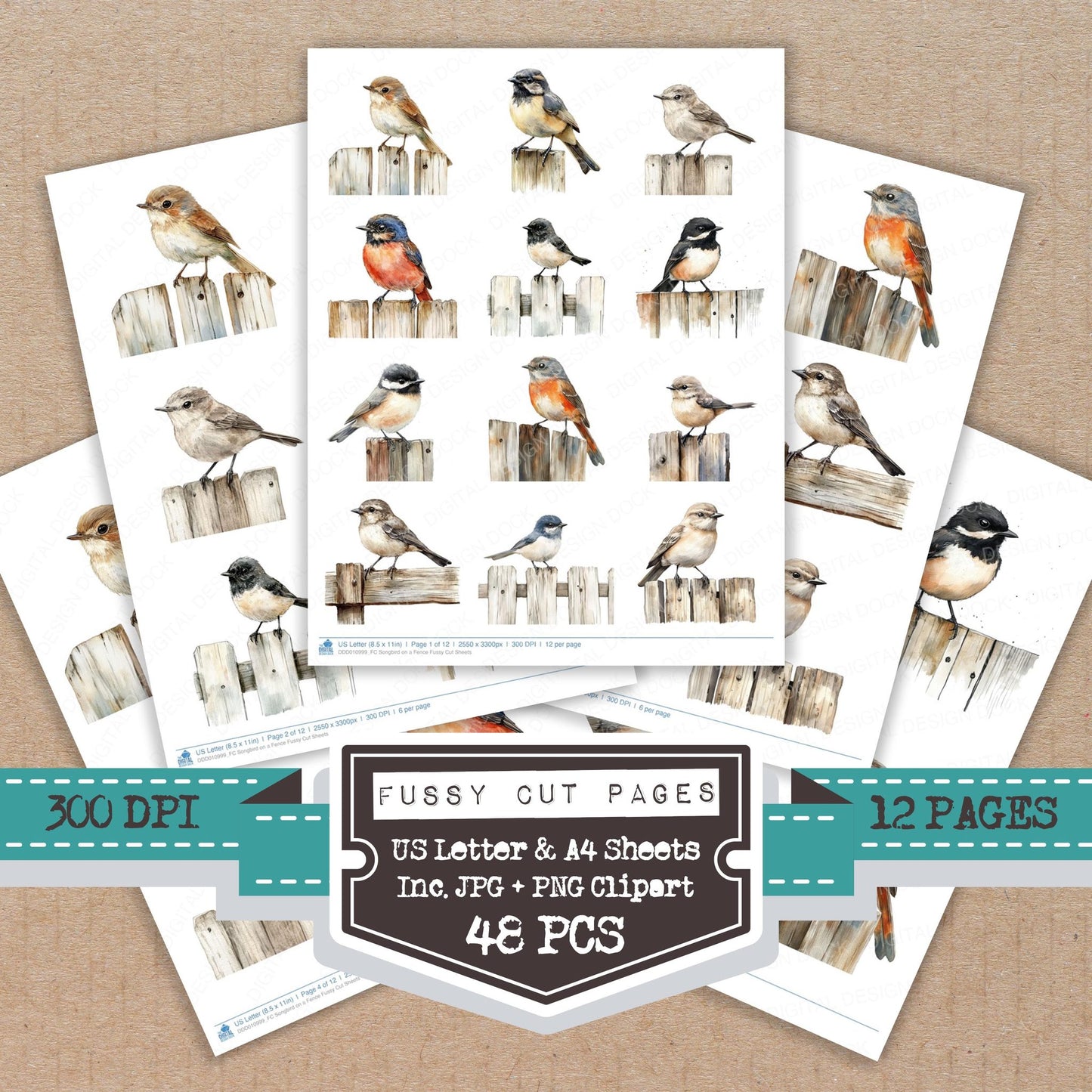 Songbird on a Fence fussy cut printable sheets for junk journaling, scrapbooking, and paper craft projects