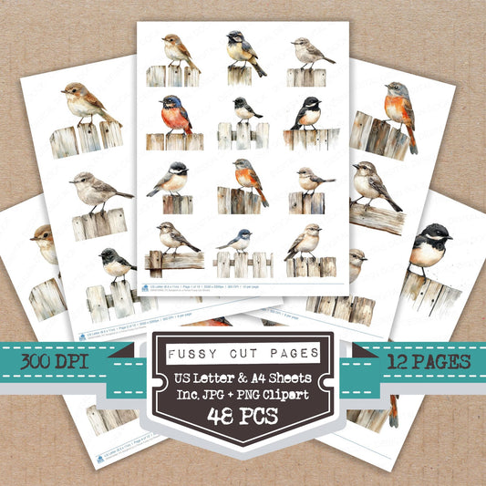 Songbird on a Fence fussy cut printable sheets for junk journaling, scrapbooking, and paper craft projects