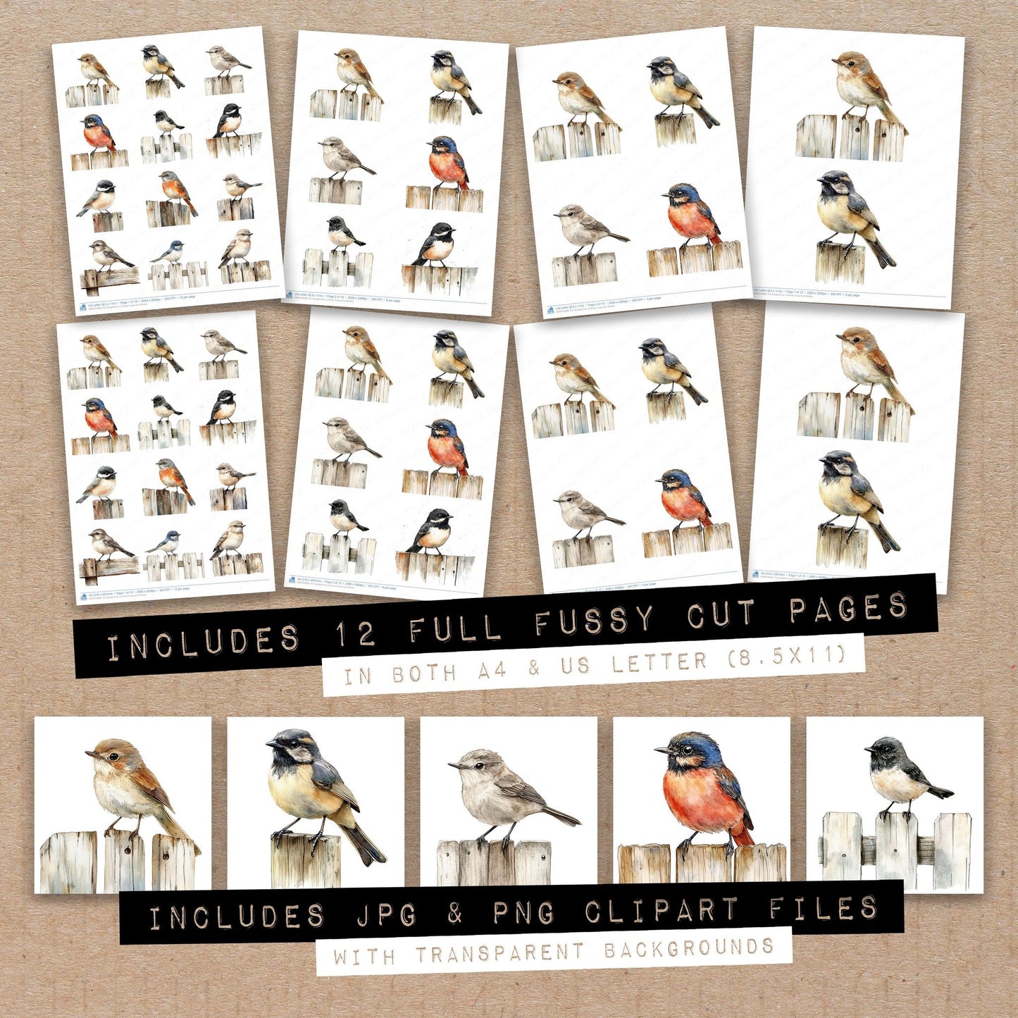 Full collection view of Songbird on a Fence fussy cut sheets with bonus clipart JPG and PNG files