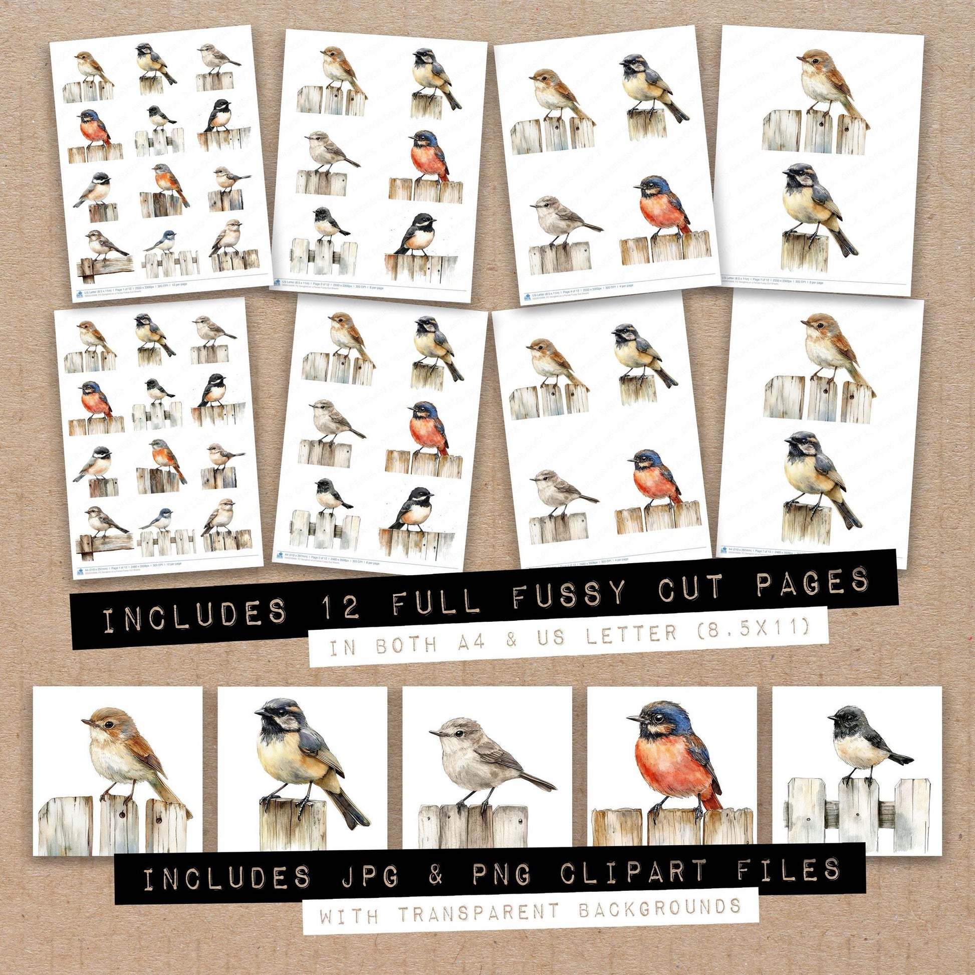 Full collection view of Songbird on a Fence fussy cut sheets with bonus clipart JPG and PNG files