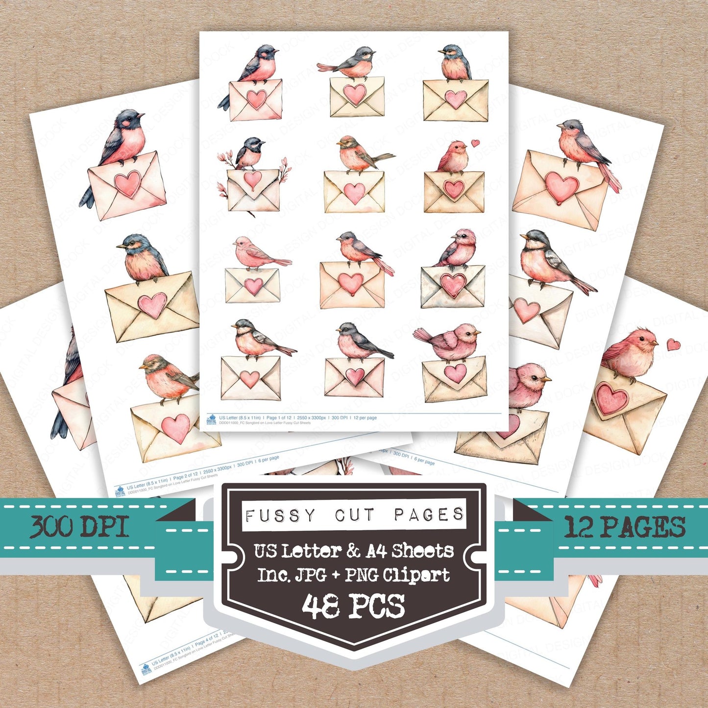 Songbird on Love Letter fussy cut printable sheets for junk journaling, scrapbooking, and paper craft projects