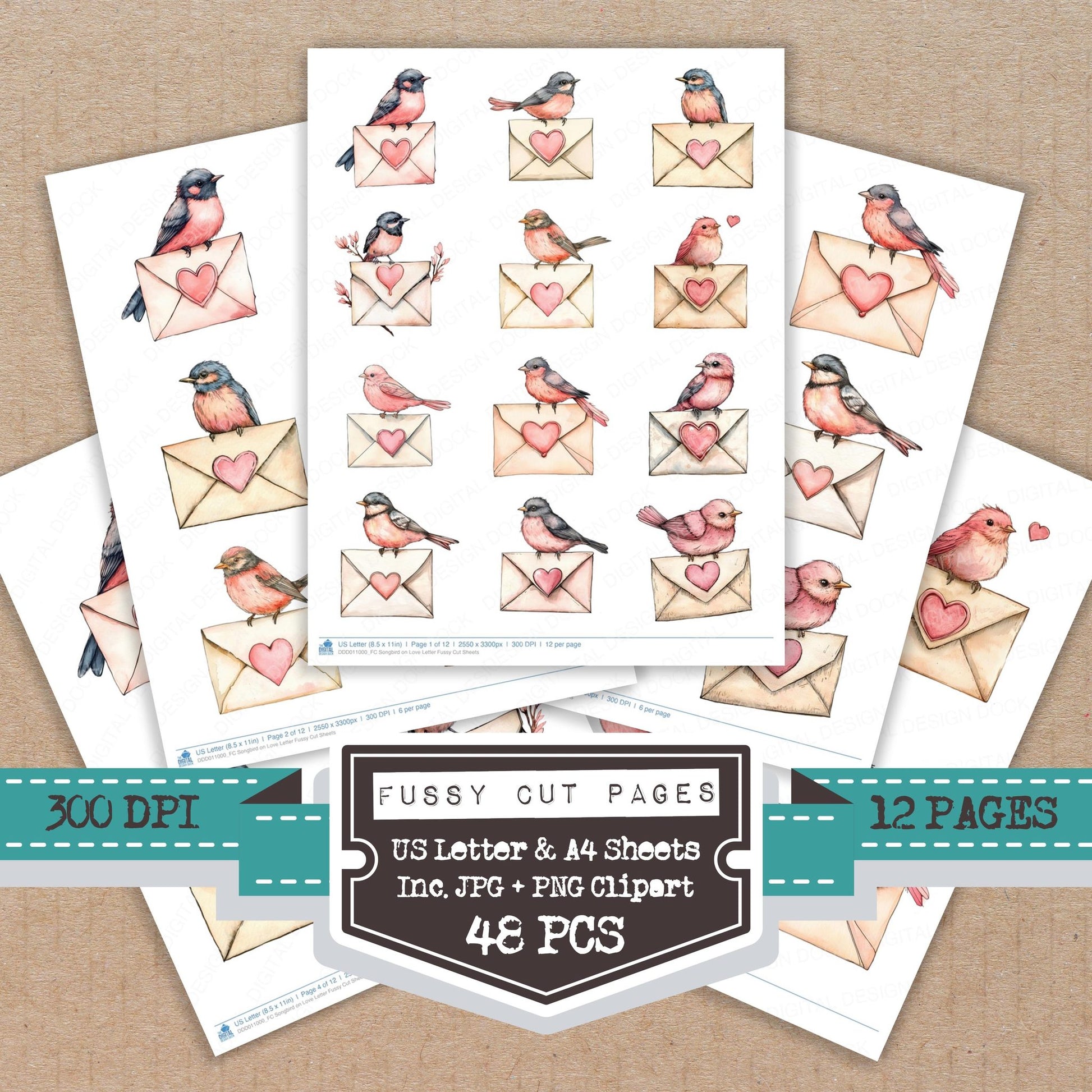 Songbird on Love Letter fussy cut printable sheets for junk journaling, scrapbooking, and paper craft projects