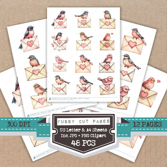 Songbird on Love Letter fussy cut printable sheets for junk journaling, scrapbooking, and paper craft projects