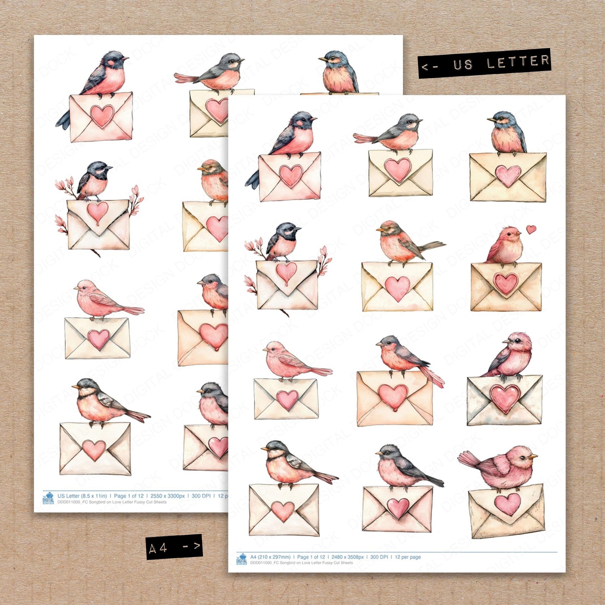 A4 and US Letter format comparison showing Songbird on Love Letter fussy cut pages for print and cut crafting