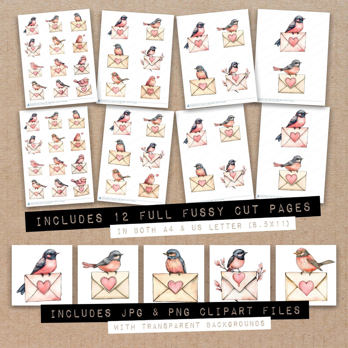 Full collection view of Songbird on Love Letter fussy cut sheets with bonus clipart JPG and PNG files