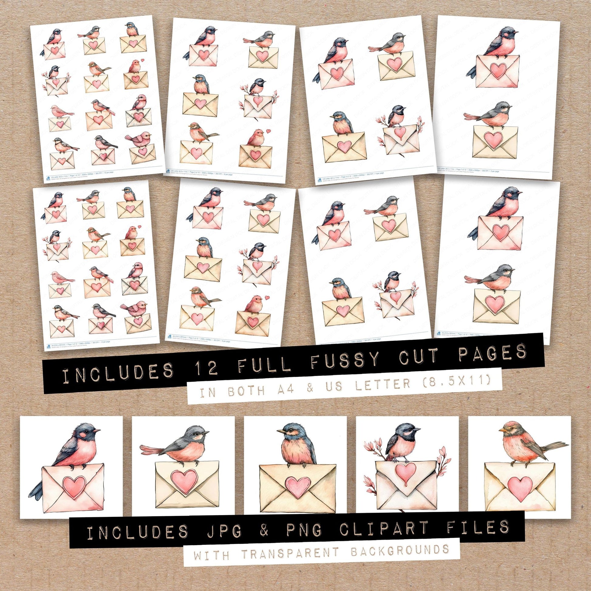 Full collection view of Songbird on Love Letter fussy cut sheets with bonus clipart JPG and PNG files
