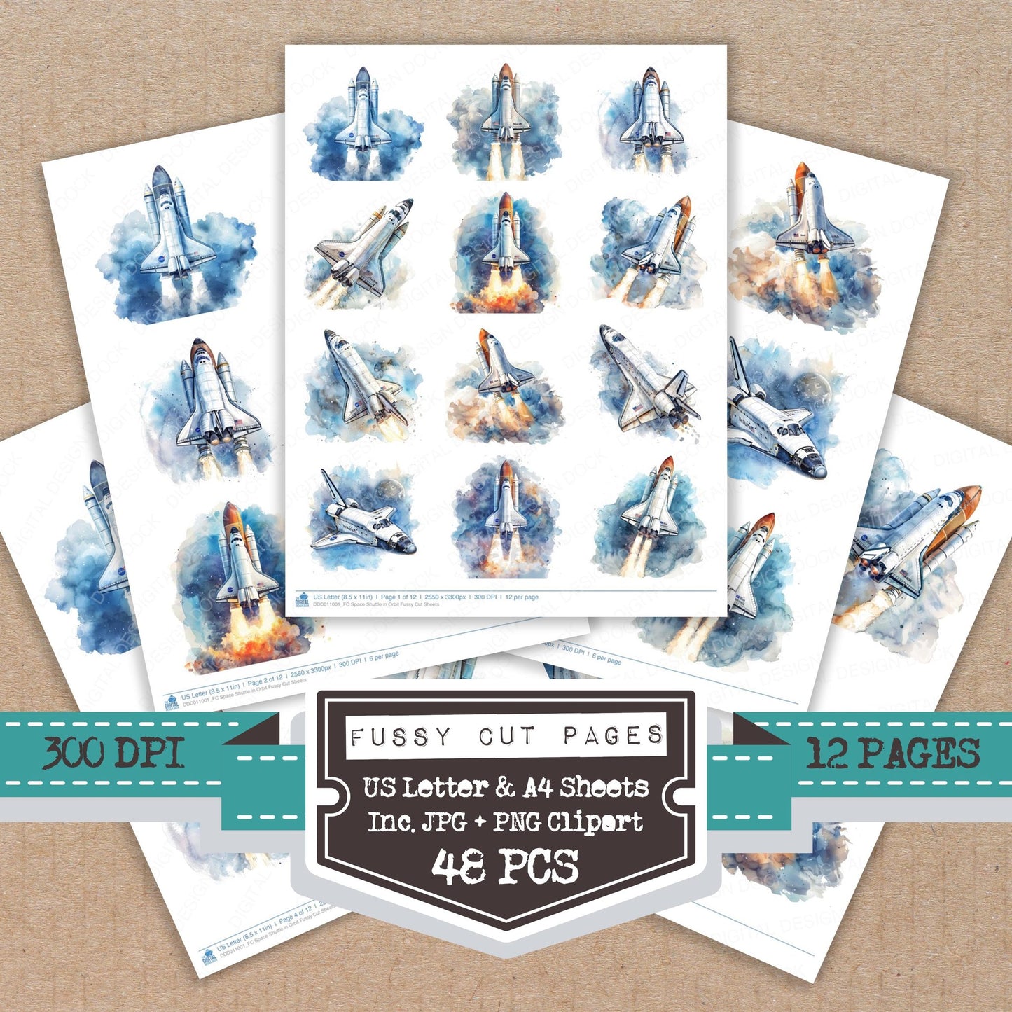 Space Shuttle in Orbit fussy cut printable sheets for junk journaling, scrapbooking, and paper craft projects