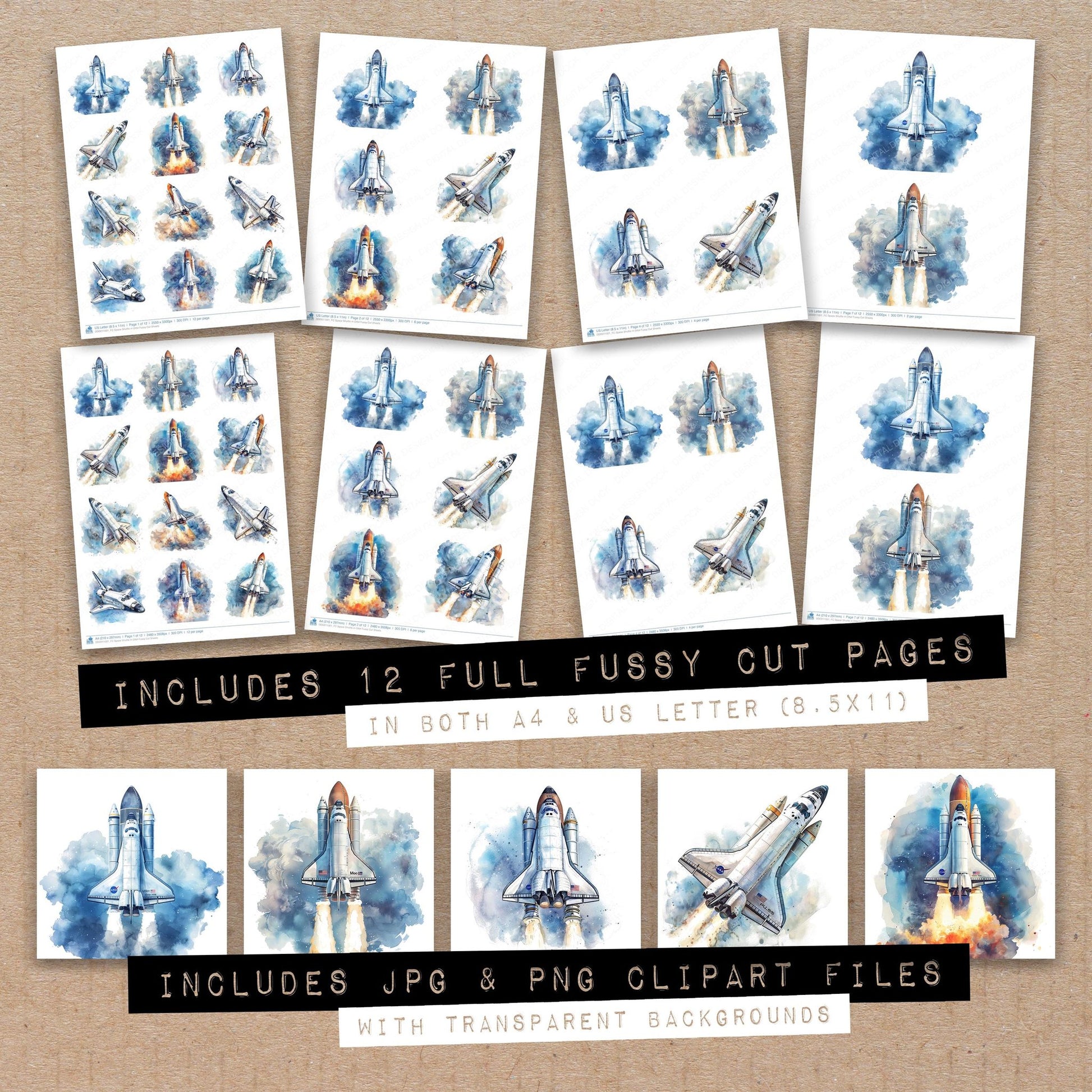 Full collection view of Space Shuttle in Orbit fussy cut sheets with bonus clipart JPG and PNG files