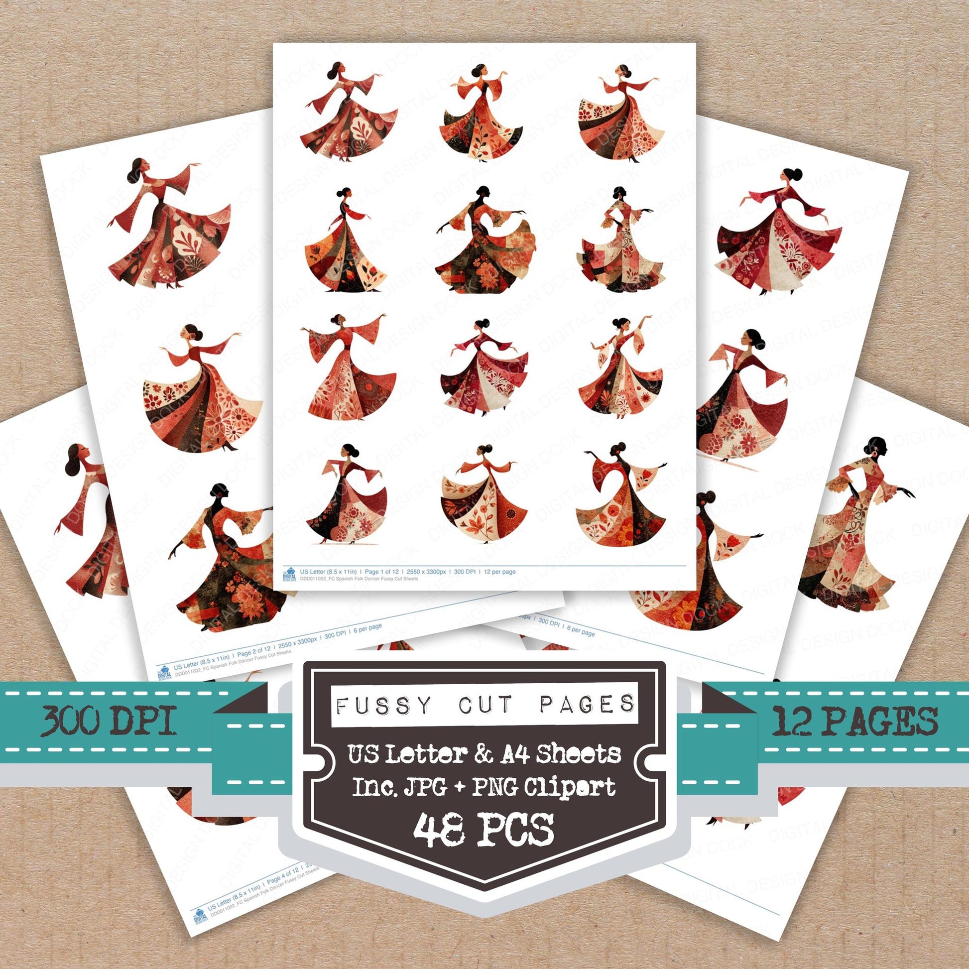 Spanish Folk Dancer fussy cut printable sheets for junk journaling, scrapbooking, and paper craft projects