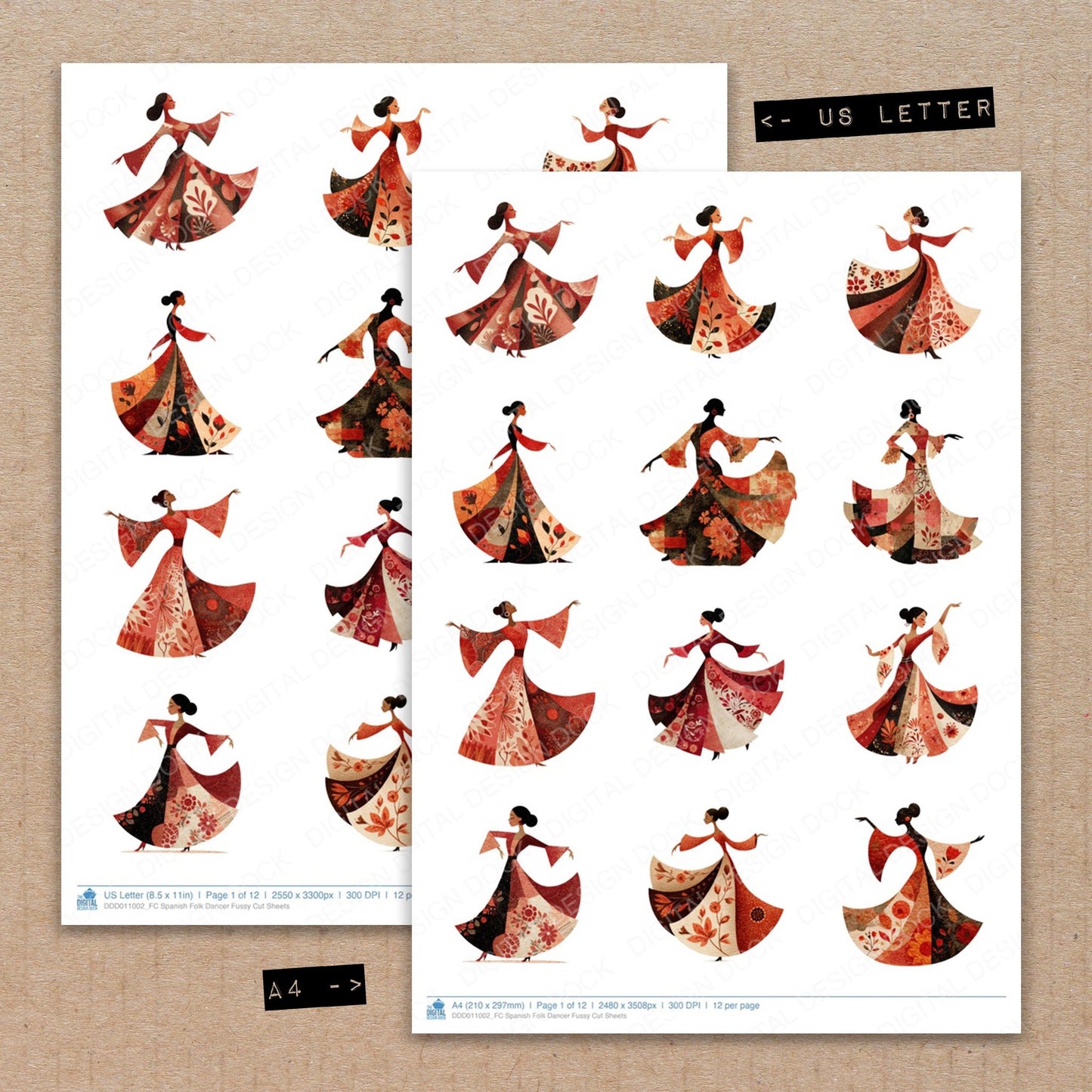 A4 and US Letter format comparison showing Spanish Folk Dancer fussy cut pages for print and cut crafting