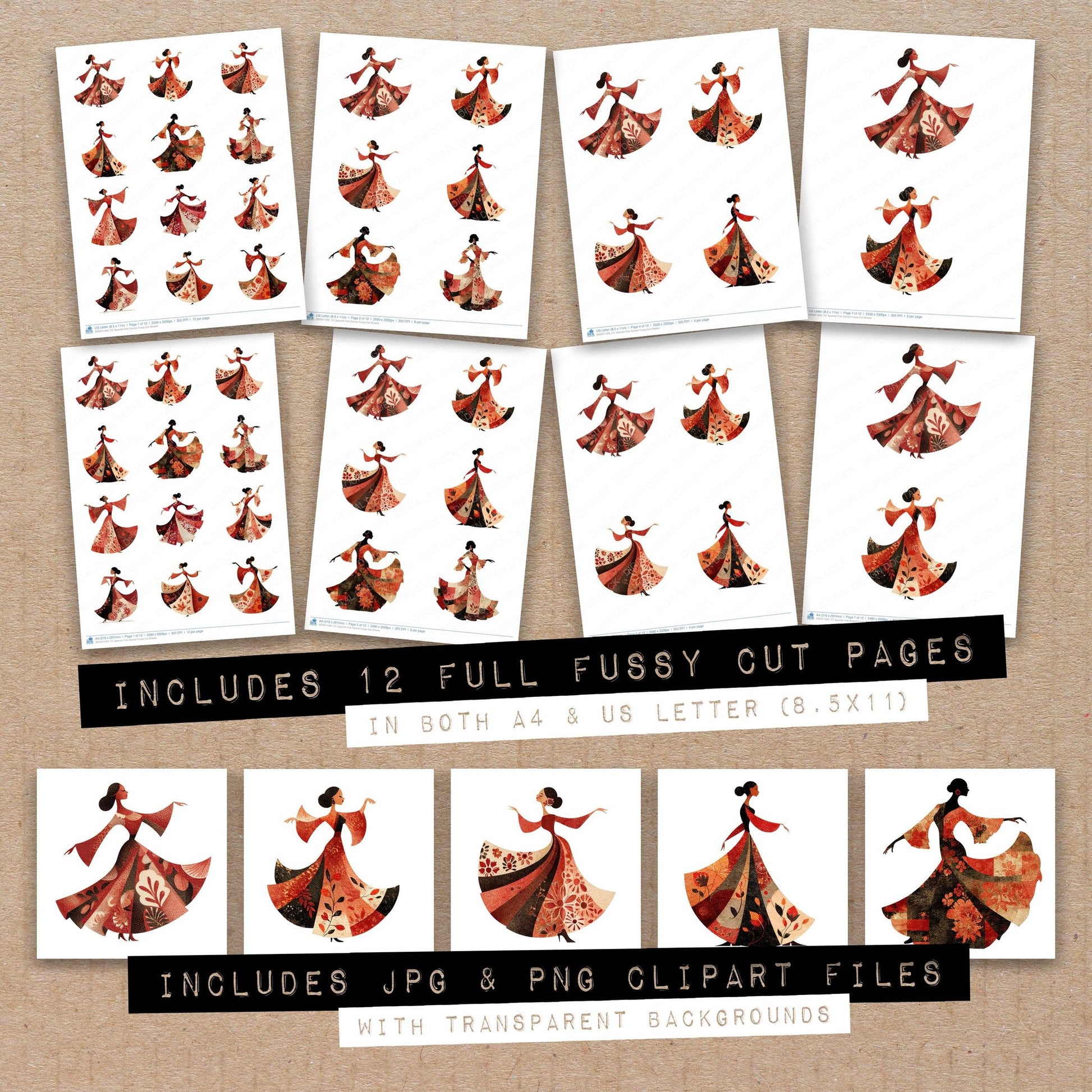 Full collection view of Spanish Folk Dancer fussy cut sheets with bonus clipart JPG and PNG files