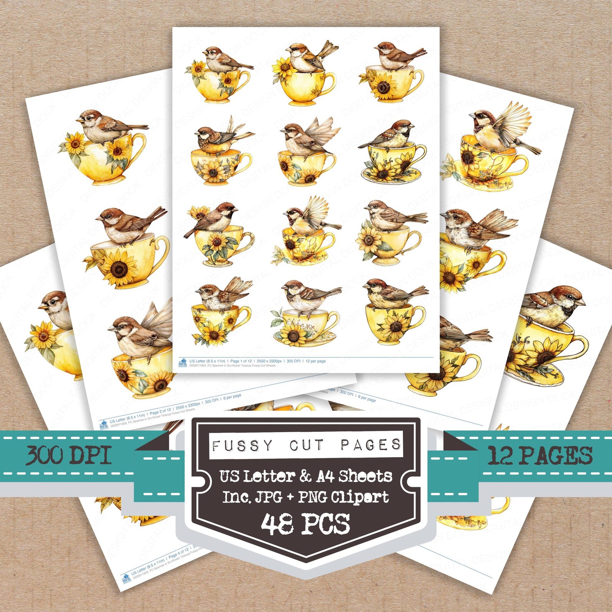 Sparrow in Sunflower Teacup fussy cut printable sheets for junk journaling, scrapbooking, and paper craft projects
